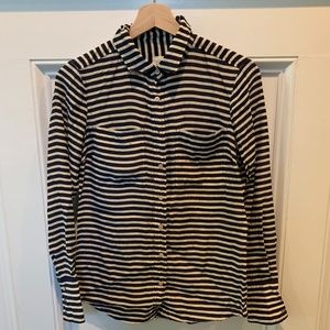 J. Crew | Silk Striped Button Down Top - Navy Blue White Stripe